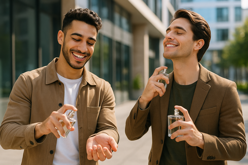 Happy young men using designer perfume