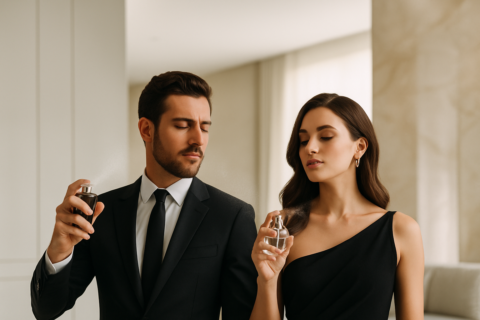 recreate a good picture men and women spraying perfume and have some space at top pls