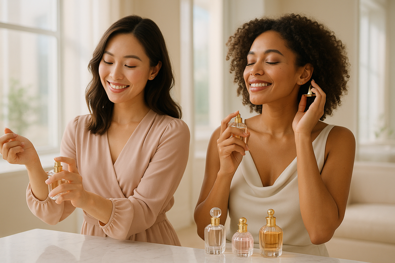 Young women using perfume